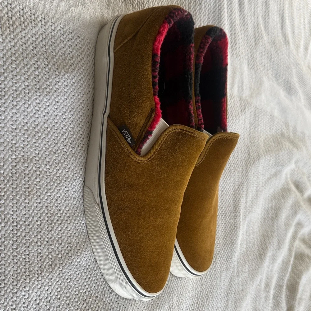 Vans Brown Plush Slip-On Sneakers with Red & Black Plaid Lining - Picture 5 of 6